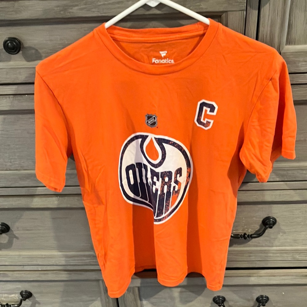 Houston Oilers McDavid 97 T-shirt, youth large Orange, navy and white